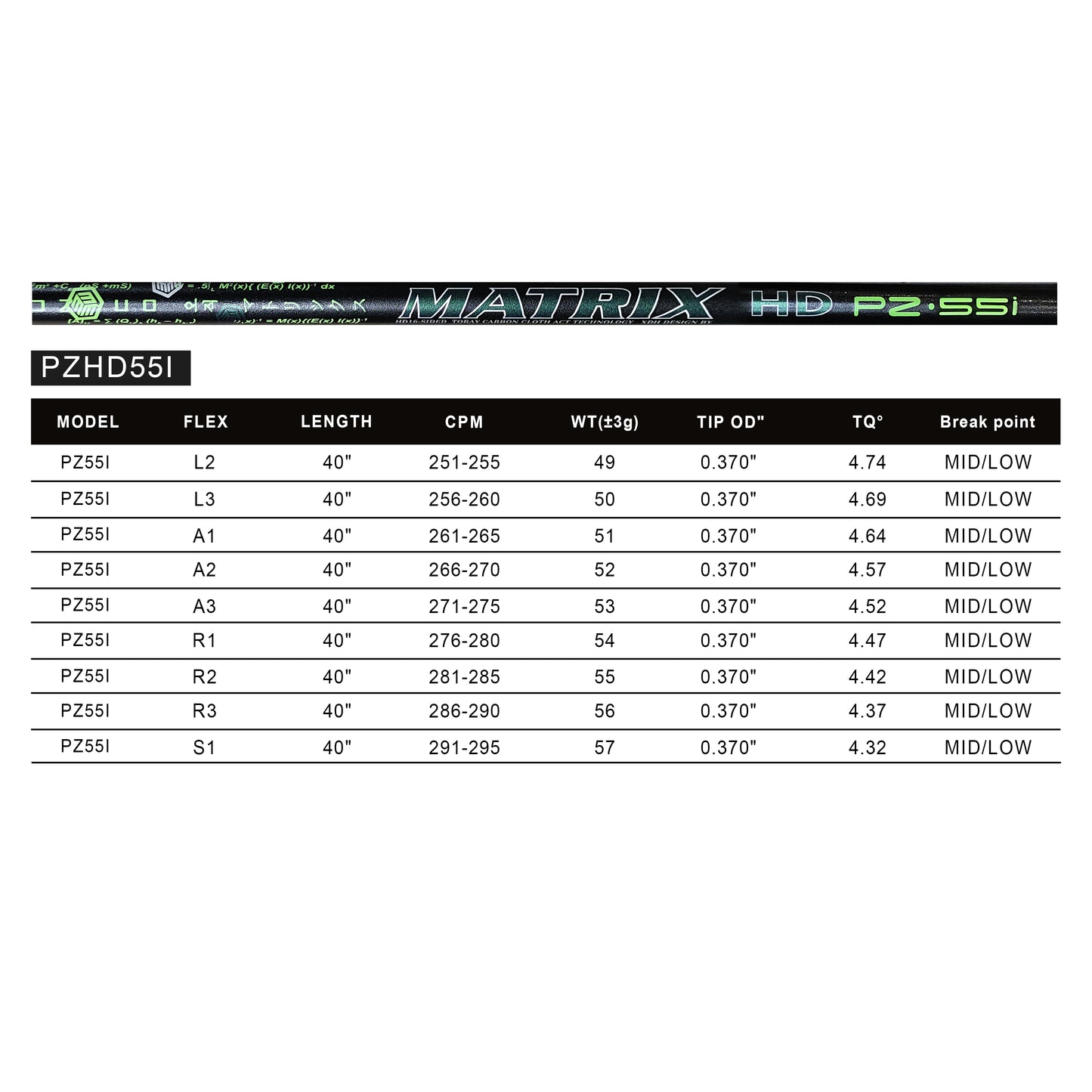 MATRIX Golf Shaft PZ Series Iron Rod 40’‘Carbon Fiber Shaft